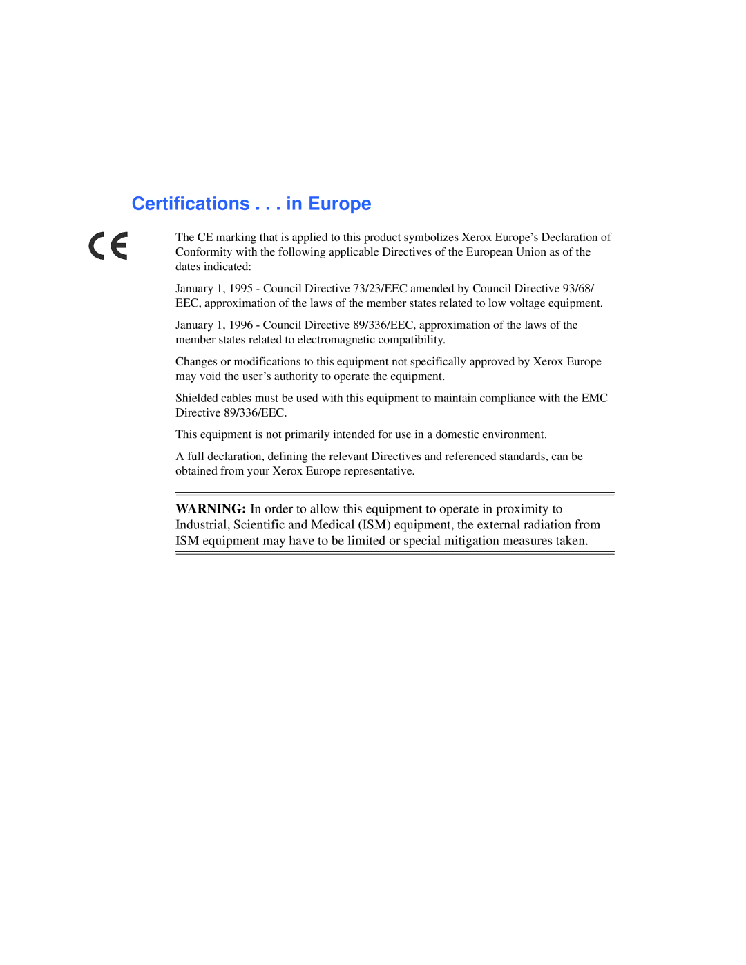 Xerox 50 LP/ST manual Certifications . . . in Europe 