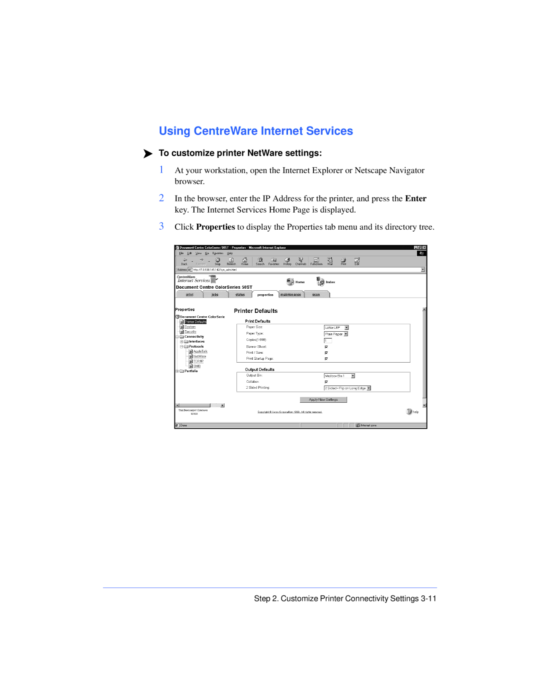 Xerox 50 LP/ST manual Using CentreWare Internet Services, To customize printer NetWare settings 