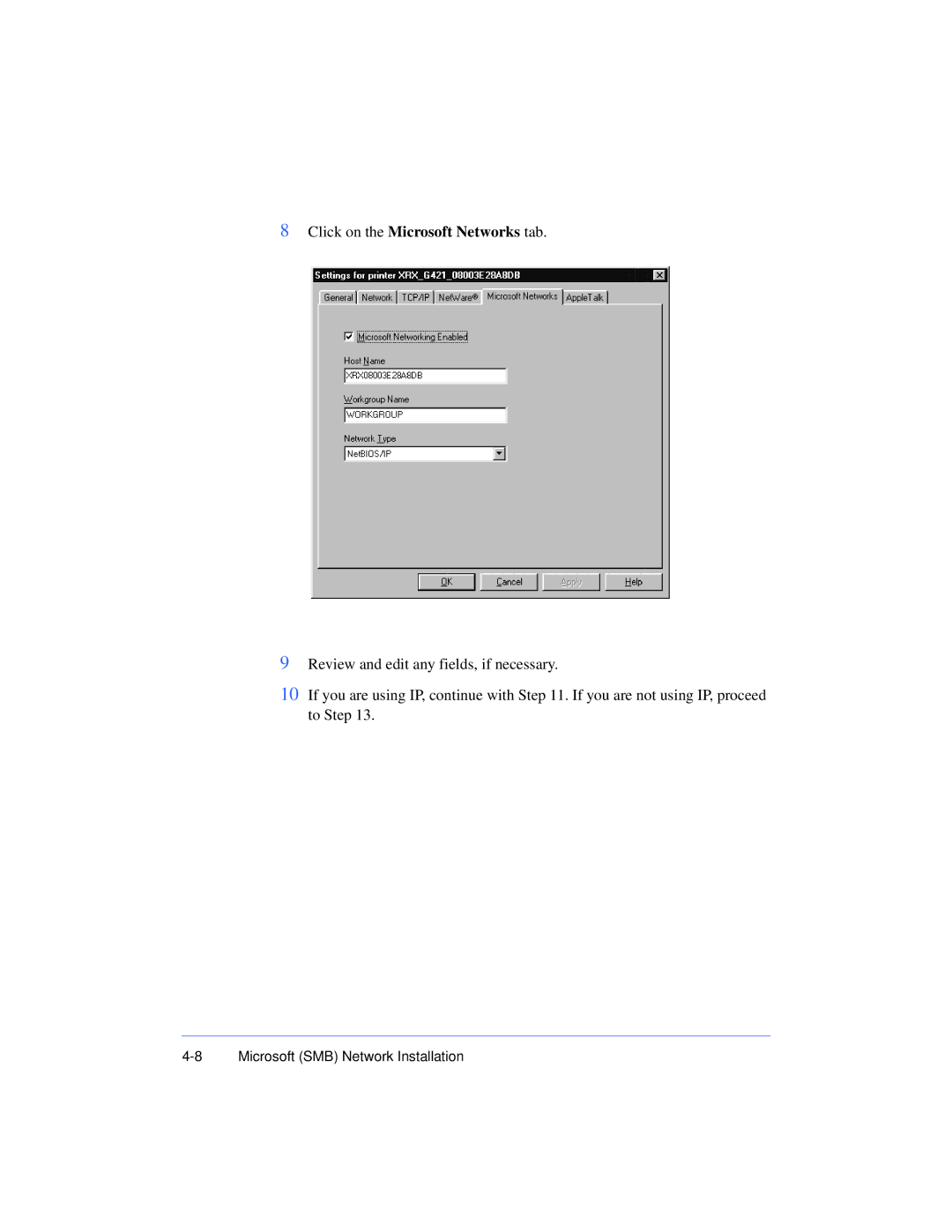 Xerox 50 LP/ST manual Click on the Microsoft Networks tab 