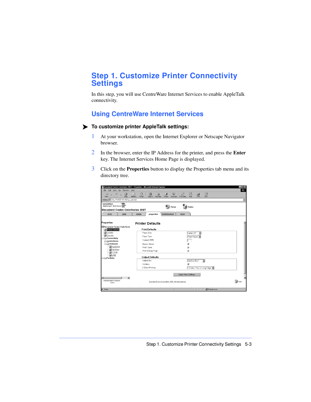 Xerox 50 LP/ST manual Customize Printer Connectivity Settings, To customize printer AppleTalk settings 