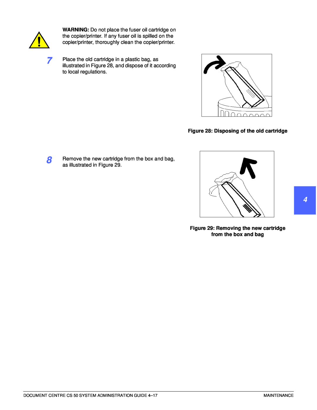 Xerox 50 manual 5 6, Disposing of the old cartridge, Removing the new cartridge, from the box and bag 