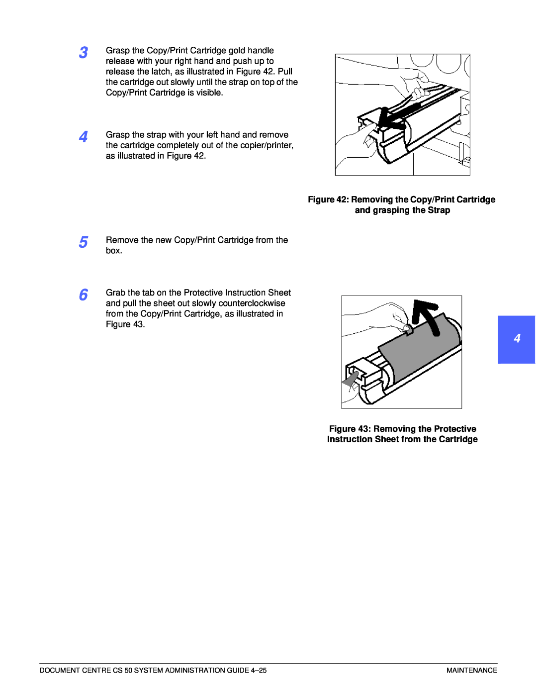Xerox 50 manual 1 2 44 5 6 7, Removing the Copy/Print Cartridge, and grasping the Strap, Removing the Protective 
