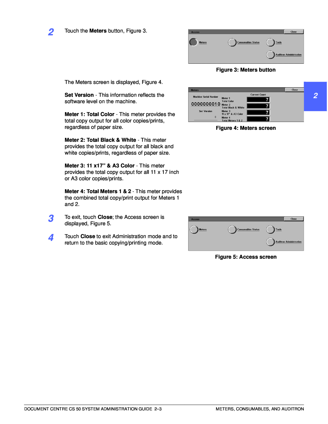 Xerox 50 manual 1 22 4 5 6, Meters button : Meters screen, Access screen 