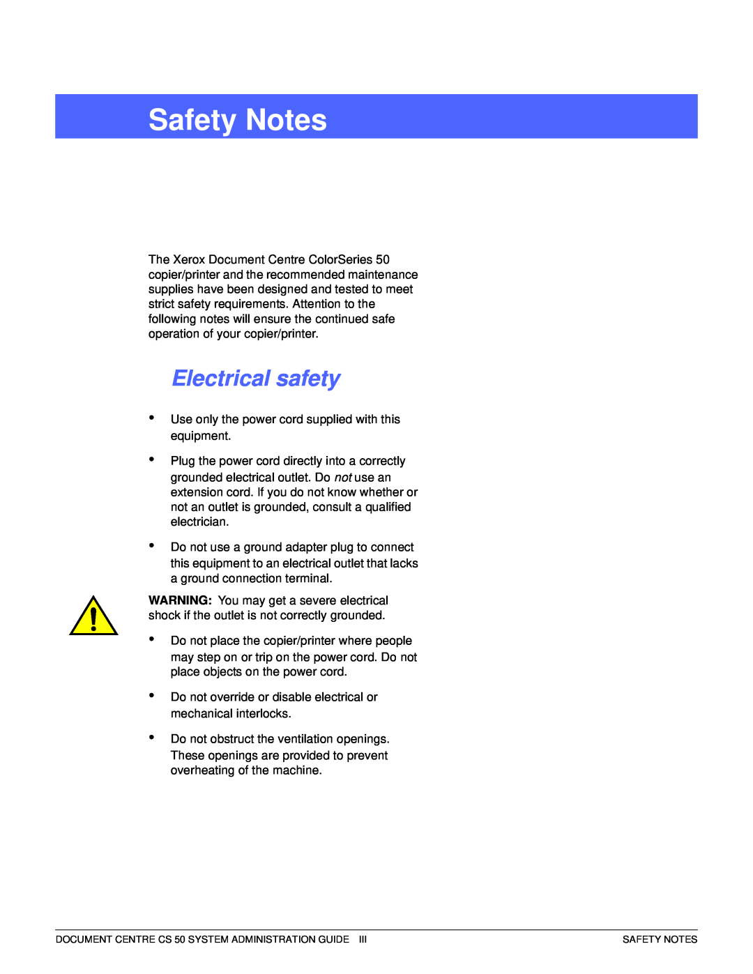 Xerox 50 manual Safety Notes, Electrical safety, 1 2 3 4 5 6 7 