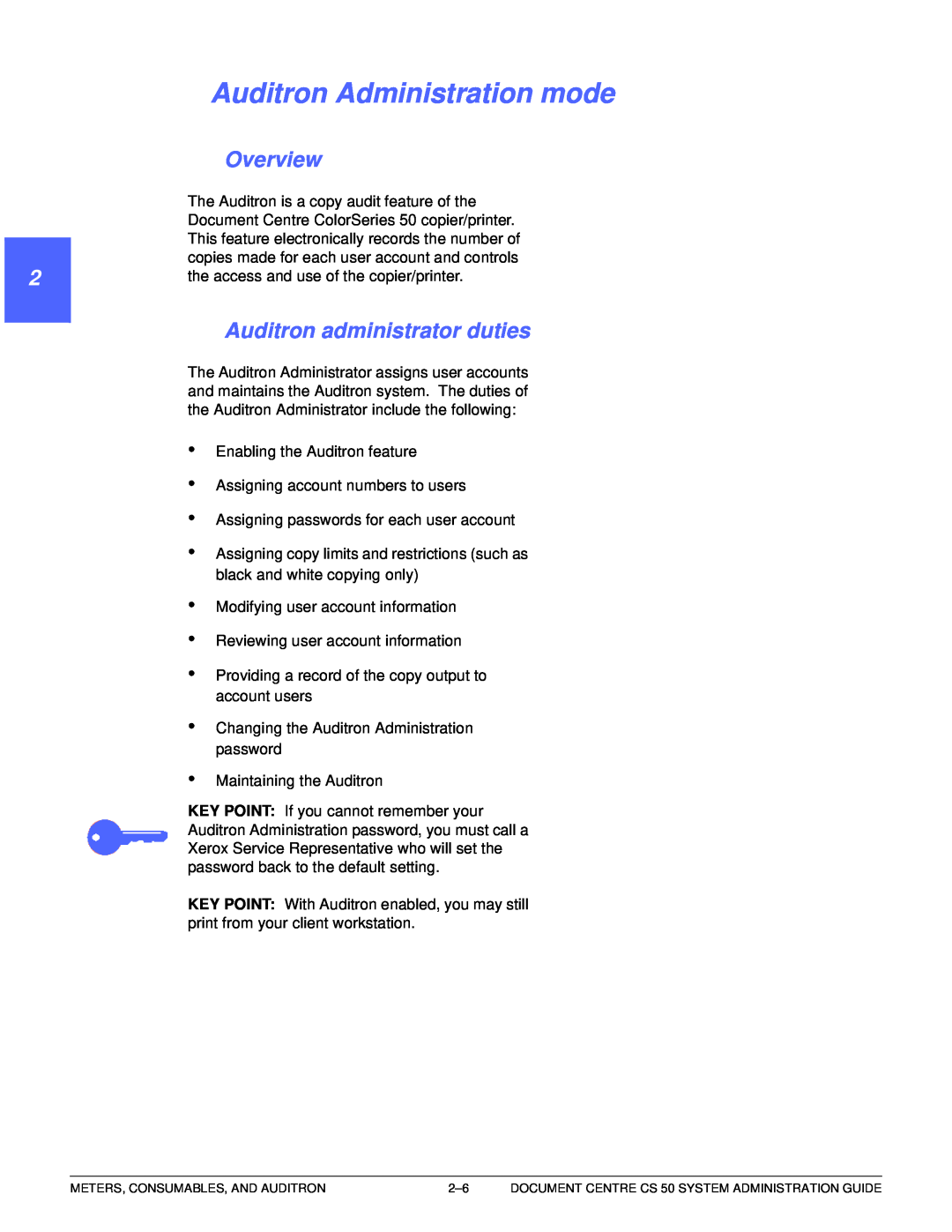 Xerox 50 manual Auditron Administration mode, Overview, Auditron administrator duties, 1 22 4 5 6 7 