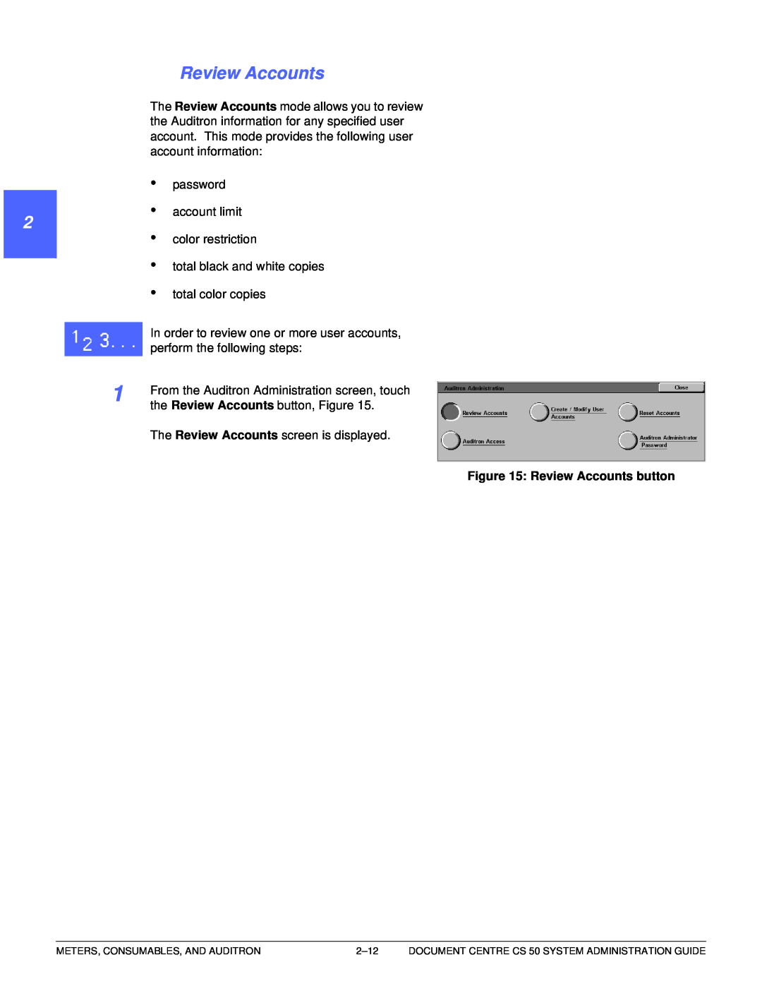 Xerox 50 manual 1 22 4 5 6 7, Review Accounts button 