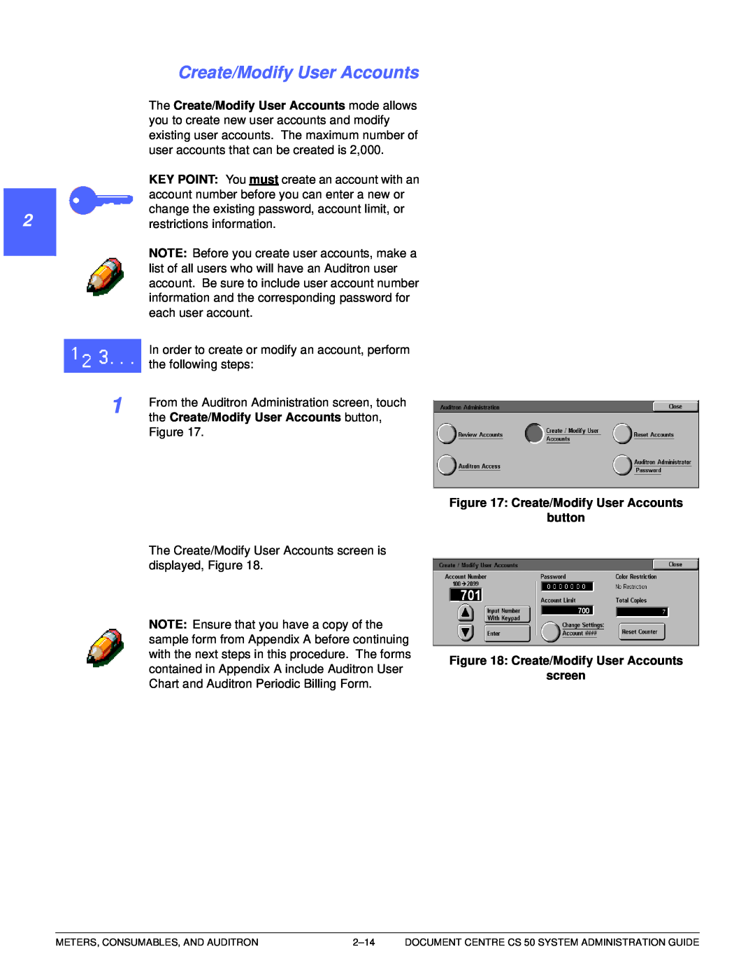 Xerox 50 manual 1 22 4, 5 6 7, The Create/Modify User Accounts mode allows, the Create/Modify User Accounts button 