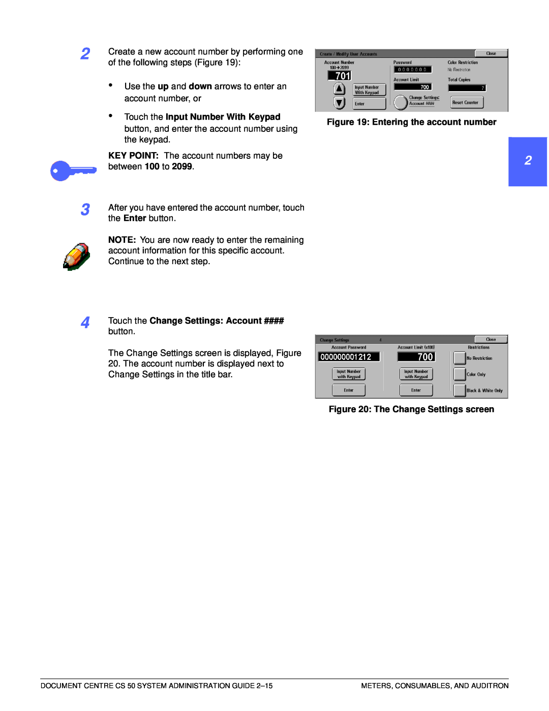 Xerox 50 manual 1 22 4 5 6 7, • Touch the Input Number With Keypad, Entering the account number, The Change Settings screen 