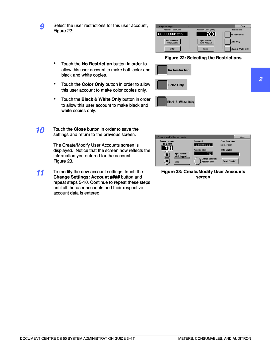 Xerox 50 1 22 4 5 6 7, Selecting the Restrictions, Create/Modify User Accounts, Change Settings: Account #### button and 