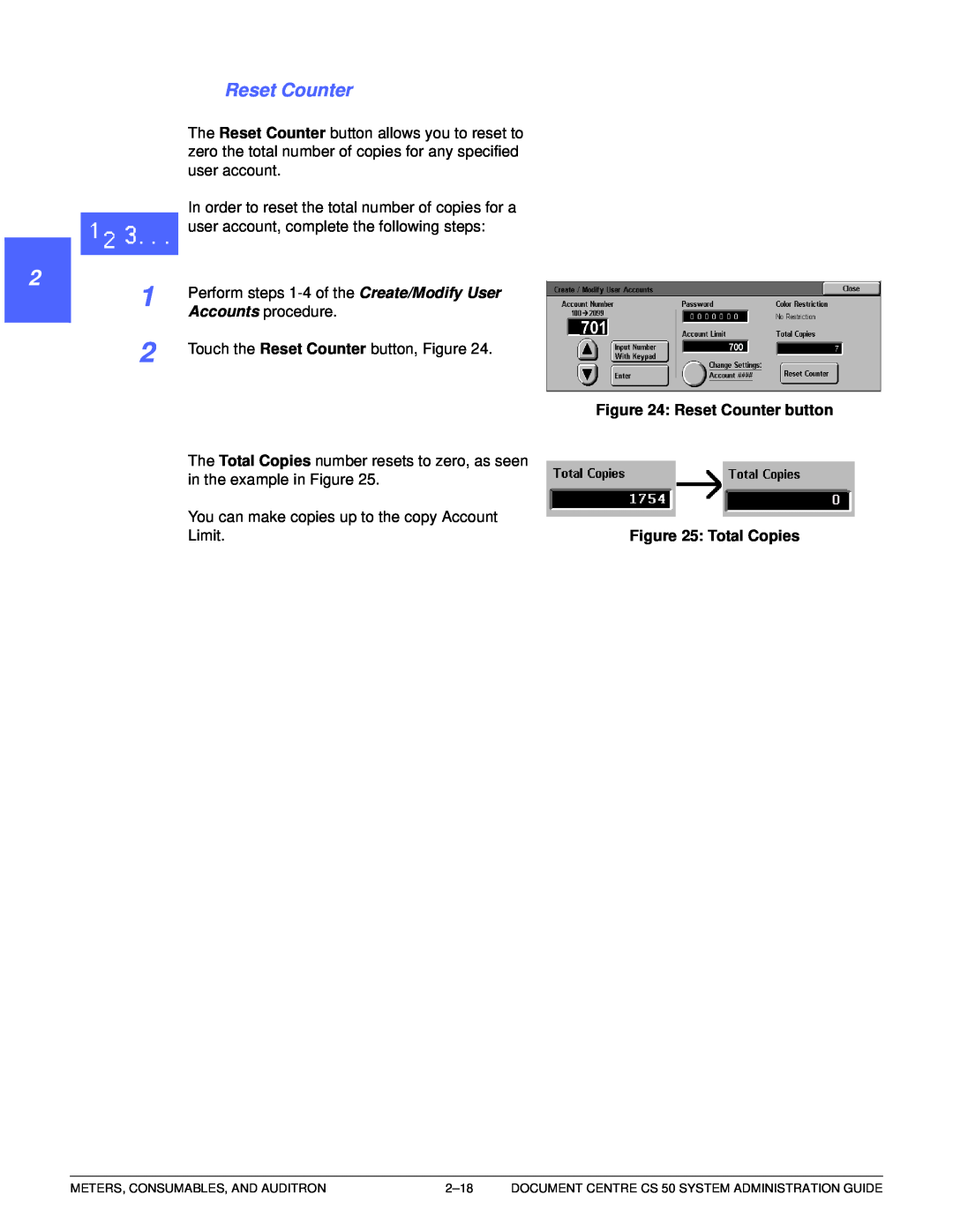 Xerox 50 manual 1 22 4 5 6 7, Reset Counter button, Total Copies 