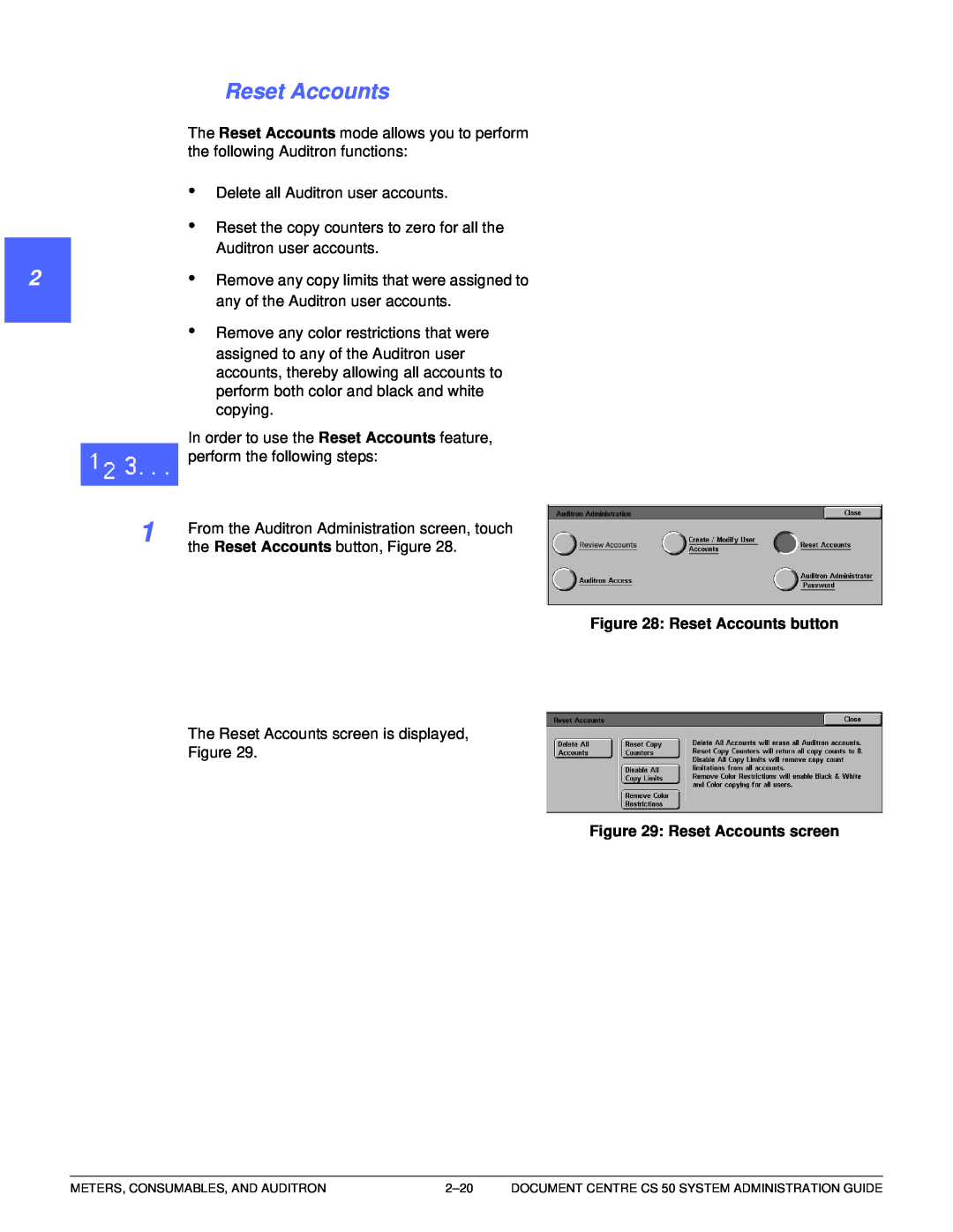 Xerox 50 manual 1 22 4 5 6 7, Reset Accounts button, Reset Accounts screen 