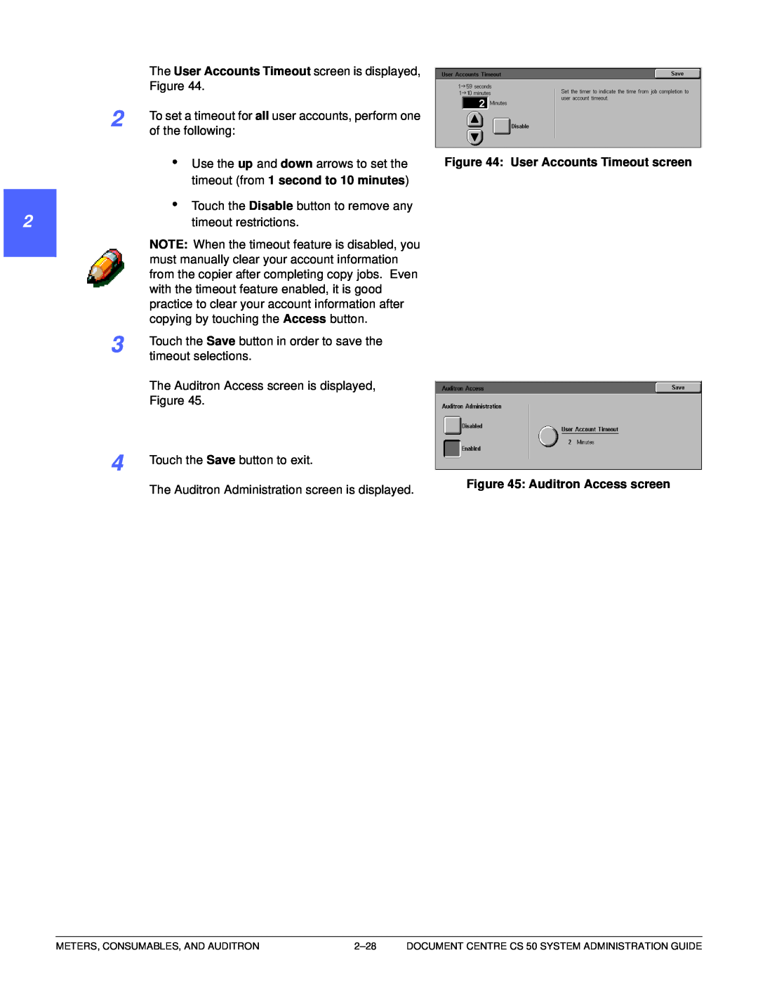 Xerox 50 manual 1 22 4 5 6 7, User Accounts Timeout screen, timeout from 1 second to 10 minutes, Auditron Access screen 