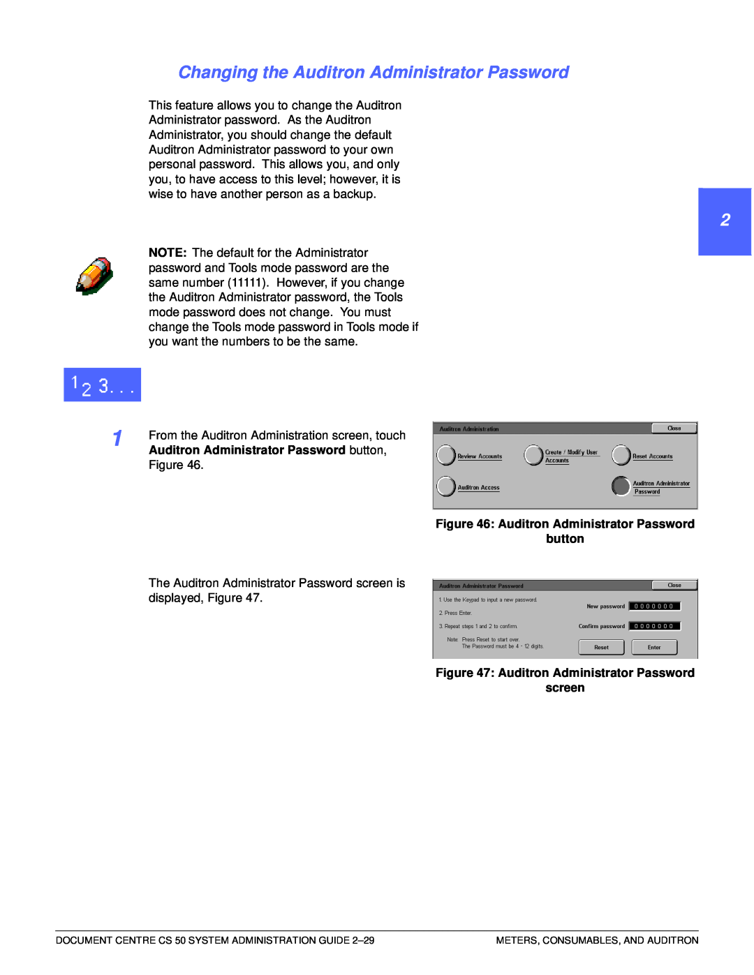 Xerox 50 manual Changing the Auditron Administrator Password, 1 22, Auditron Administrator Password button 