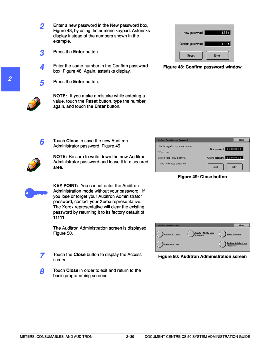 Xerox 50 manual 1 22, 4 5 6 7, Confirm password window, Close button, 11111, Auditron Administration screen 