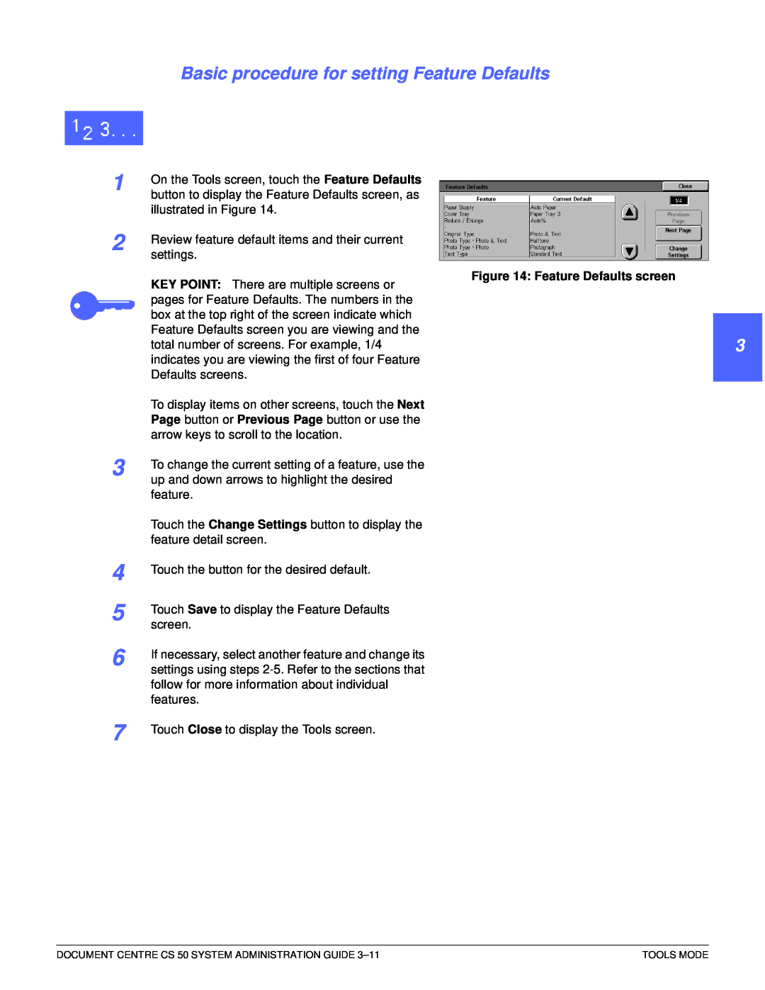 Xerox 50 manual Basic procedure for setting Feature Defaults, 2 3 4 5 6 7, Feature Defaults screen 
