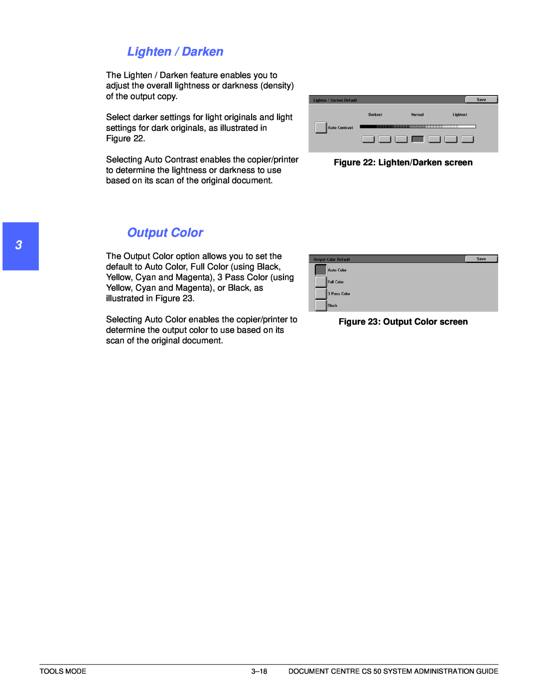 Xerox 50 manual Lighten / Darken, 1 2 3 4 5 6 7, Lighten/Darken screen, Output Color screen 