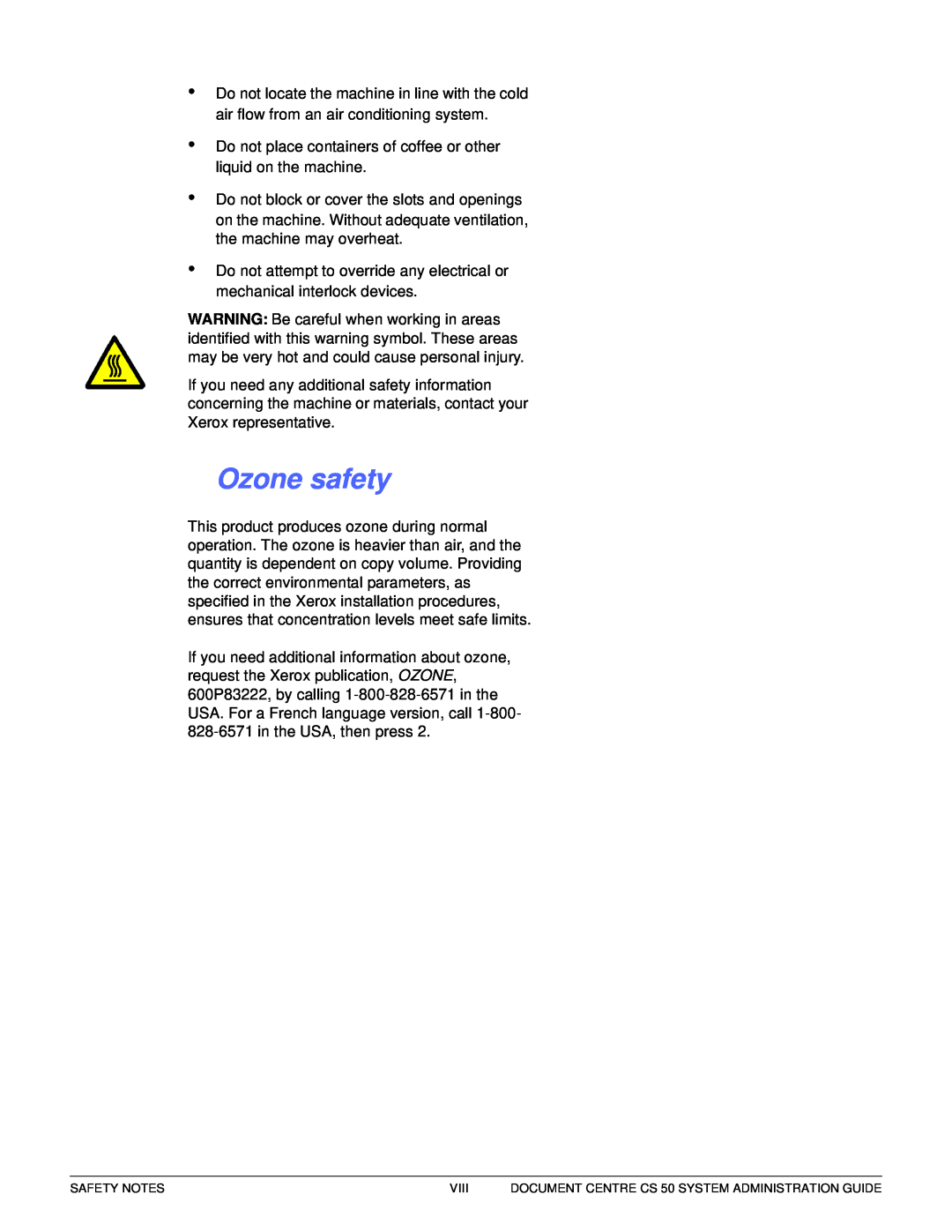 Xerox manual Ozone safety, 1 2 3 4 5 6 7, Safety Notes, Viii, DOCUMENT CENTRE CS 50 SYSTEM ADMINISTRATION GUIDE 