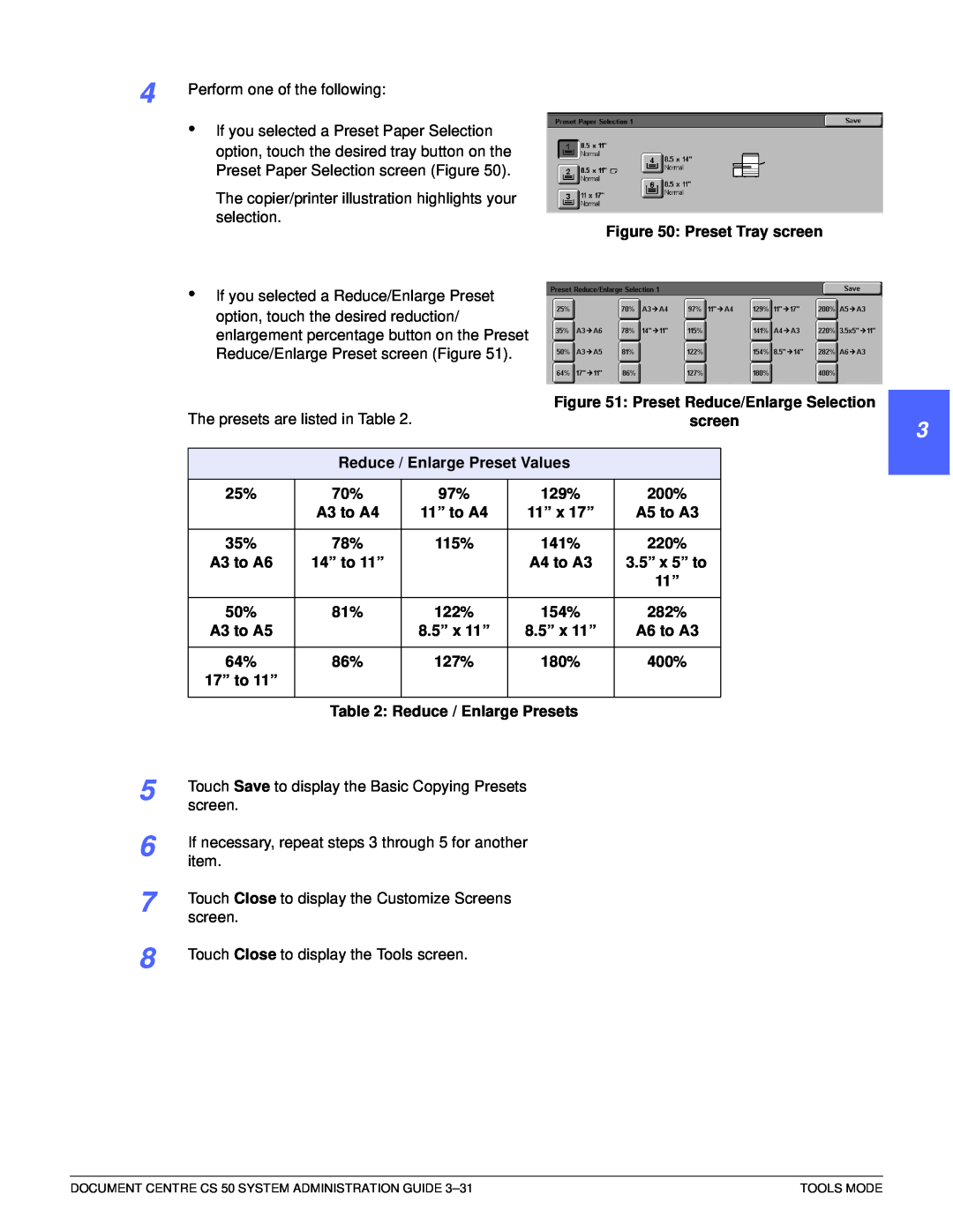 Xerox 50 5 6 7 8, Preset Tray screen, Preset Reduce/Enlarge Selection screen, Reduce / Enlarge Preset Values, 129%, 200% 