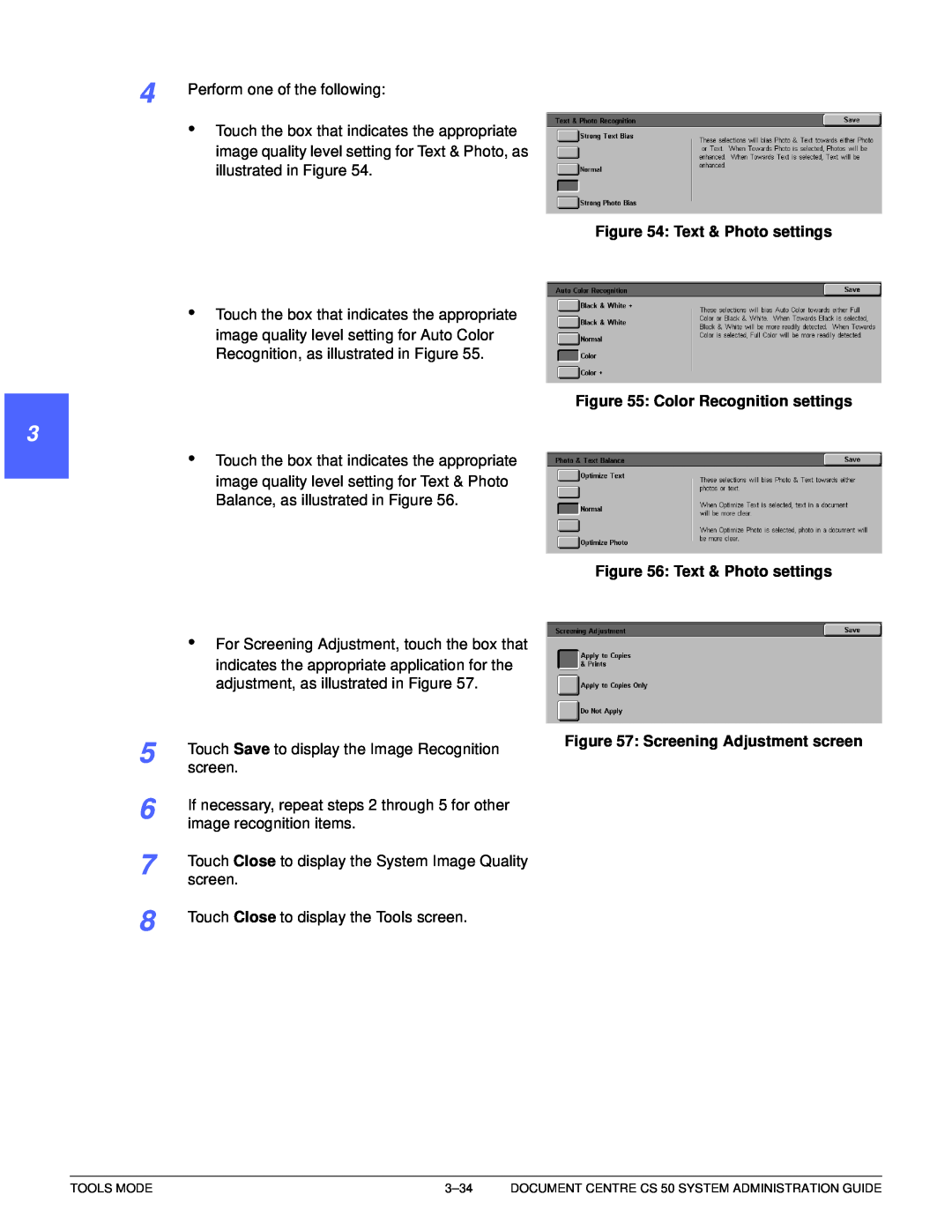 Xerox 50 manual 1 2 3 4 5 6 7, Text & Photo settings, Color Recognition settings, Screening Adjustment screen 