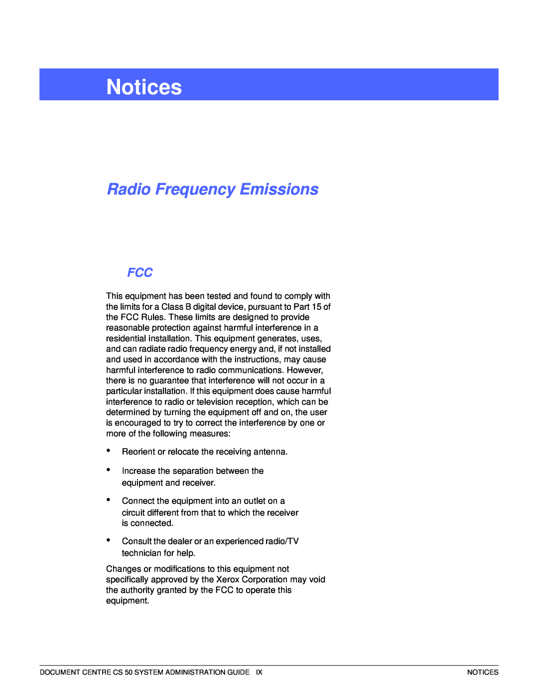 Xerox 50 manual Notices, Radio Frequency Emissions 