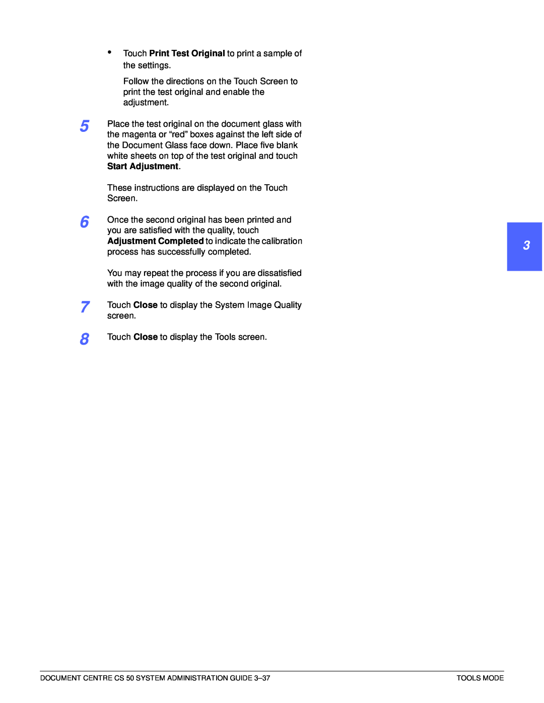 Xerox 50 manual 1 2 3 4 5 6 7, Start Adjustment 