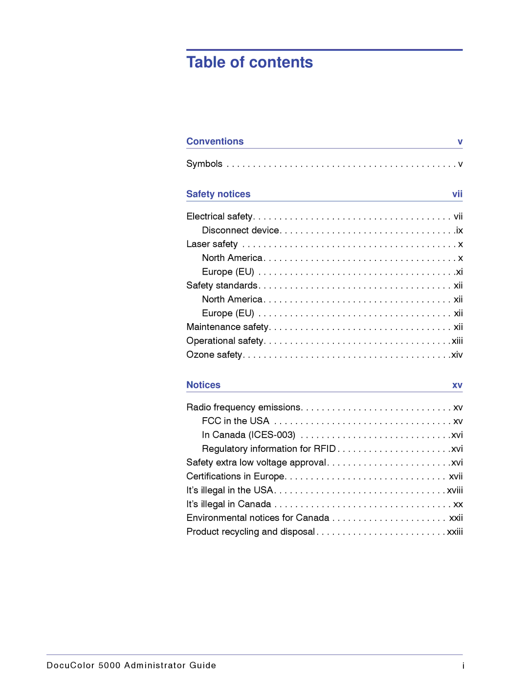 Xerox 5000 manual Table of contents 