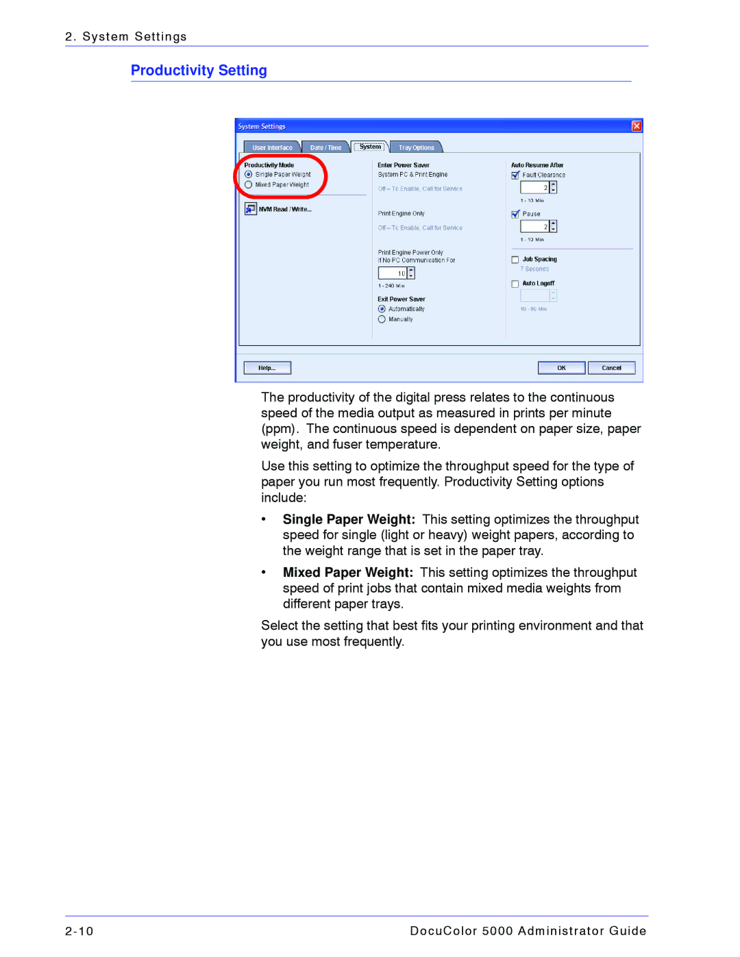 Xerox 5000 manual Productivity Setting 