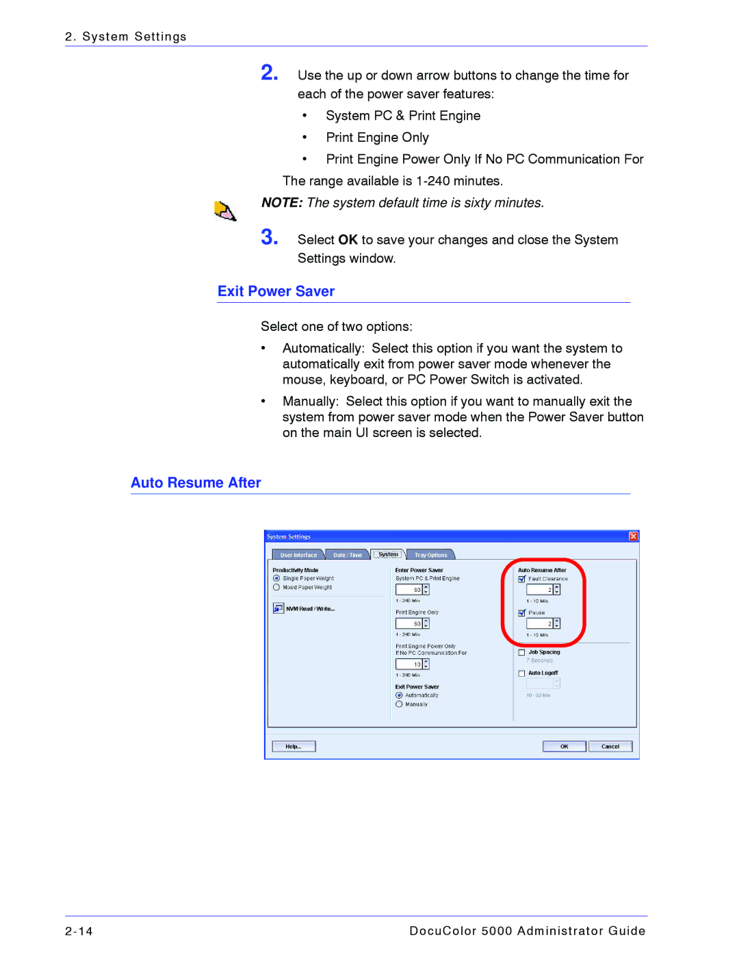 Xerox 5000 manual Exit Power Saver, Auto Resume After 