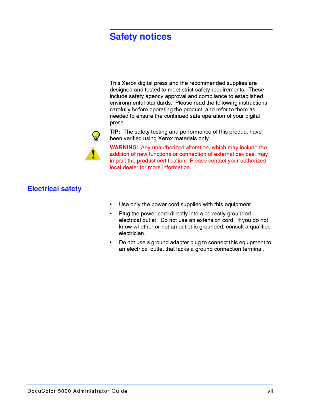 Xerox 5000 manual Safety notices, Electrical safety 