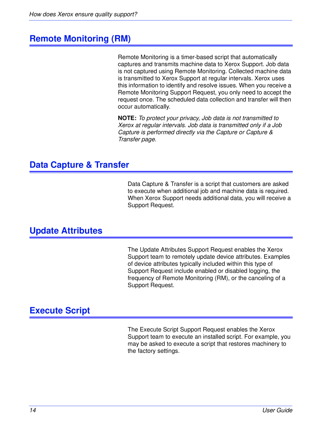 Xerox 50.XX manual Remote Monitoring RM, Data Capture & Transfer, Update Attributes, Execute Script 