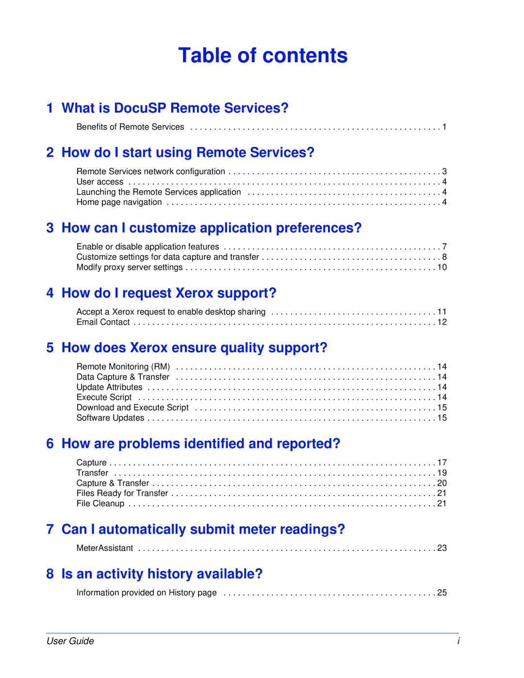 Xerox 50.XX manual Table of contents 