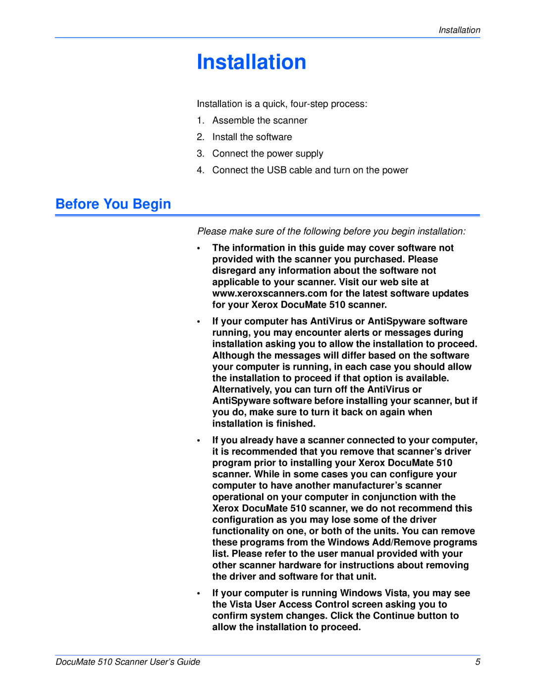 Xerox 510 manual Installation, Before You Begin 