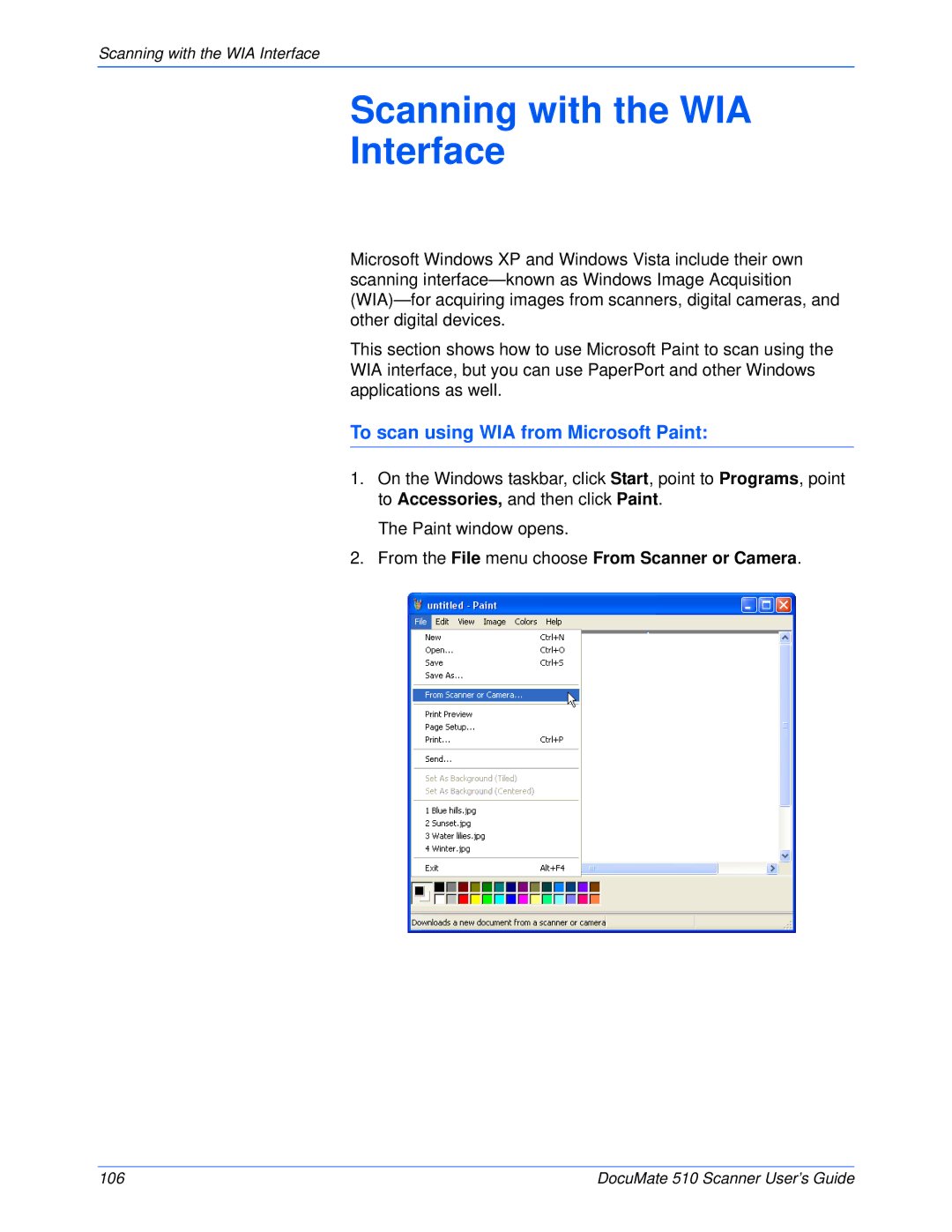 Xerox 510 manual To scan using WIA from Microsoft Paint, From the File menu choose From Scanner or Camera 