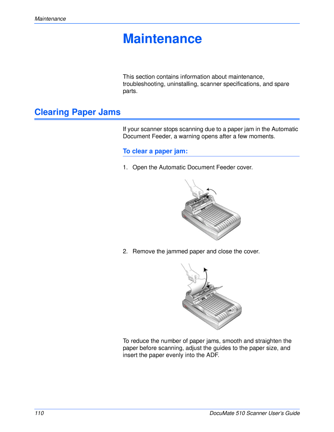 Xerox 510 manual Clearing Paper Jams, To clear a paper jam 