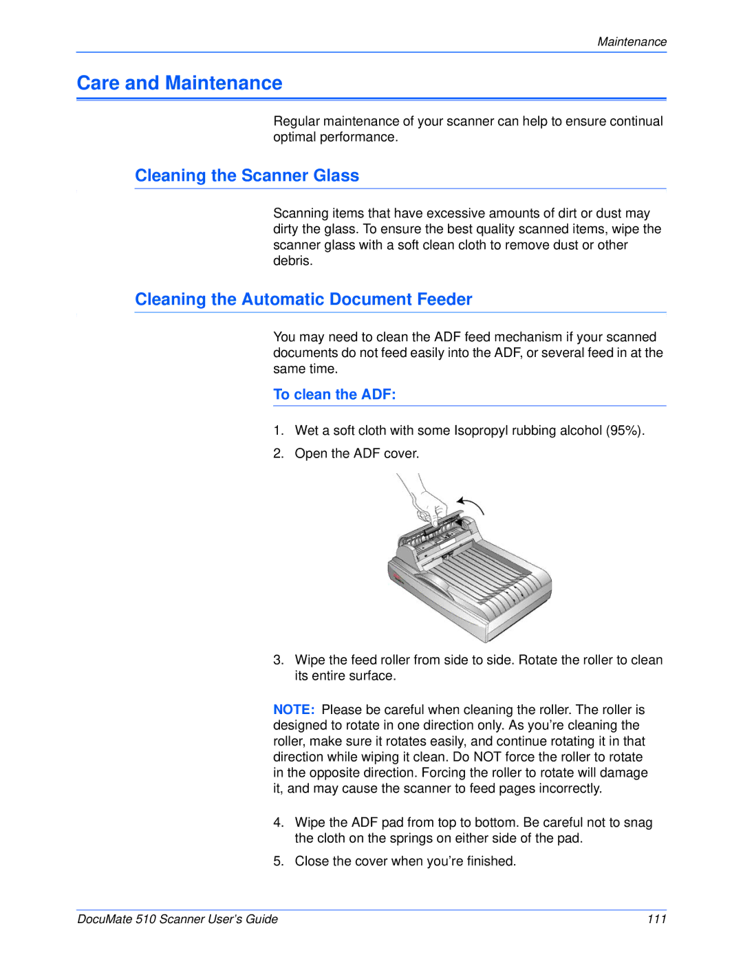 Xerox 510 manual Care and Maintenance, Cleaning the Scanner Glass, Cleaning the Automatic Document Feeder, To clean the ADF 