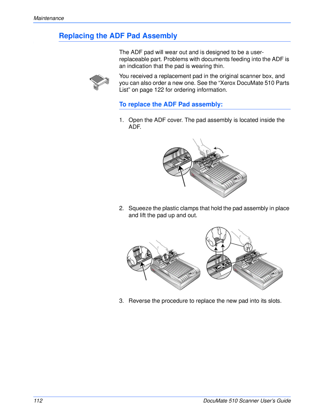 Xerox 510 manual Replacing the ADF Pad Assembly, To replace the ADF Pad assembly 