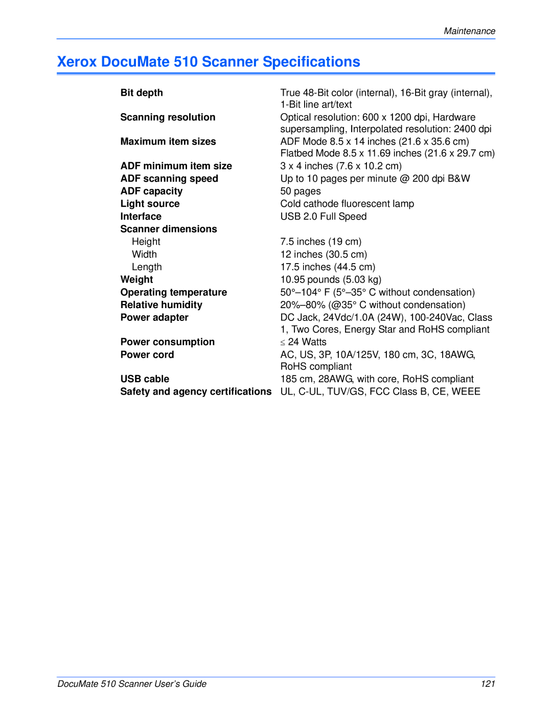 Xerox manual Xerox DocuMate 510 Scanner Specifications 