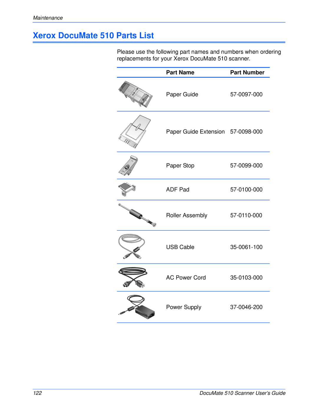 Xerox manual Xerox DocuMate 510 Parts List, Part Name Part Number 