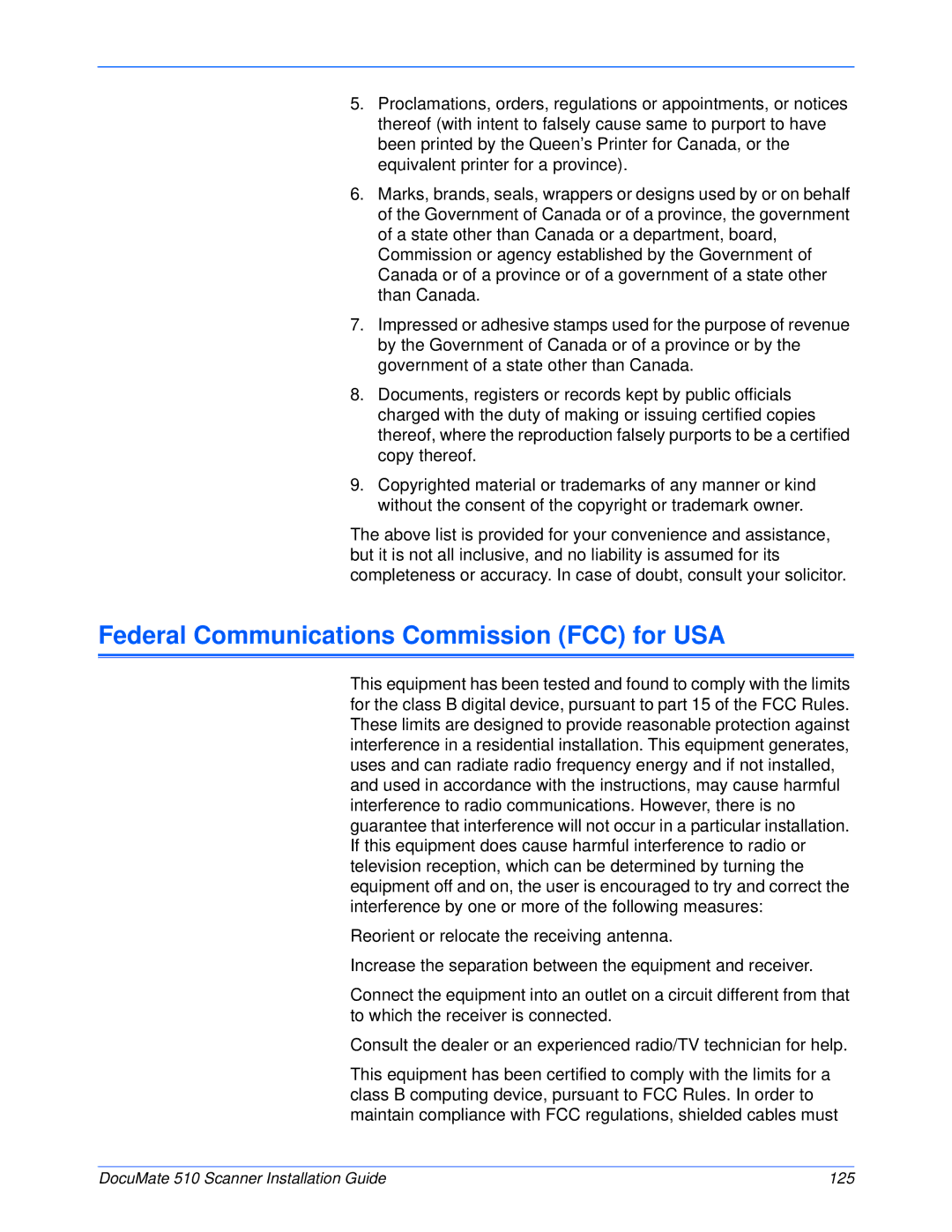 Xerox 510 manual Federal Communications Commission FCC for USA 