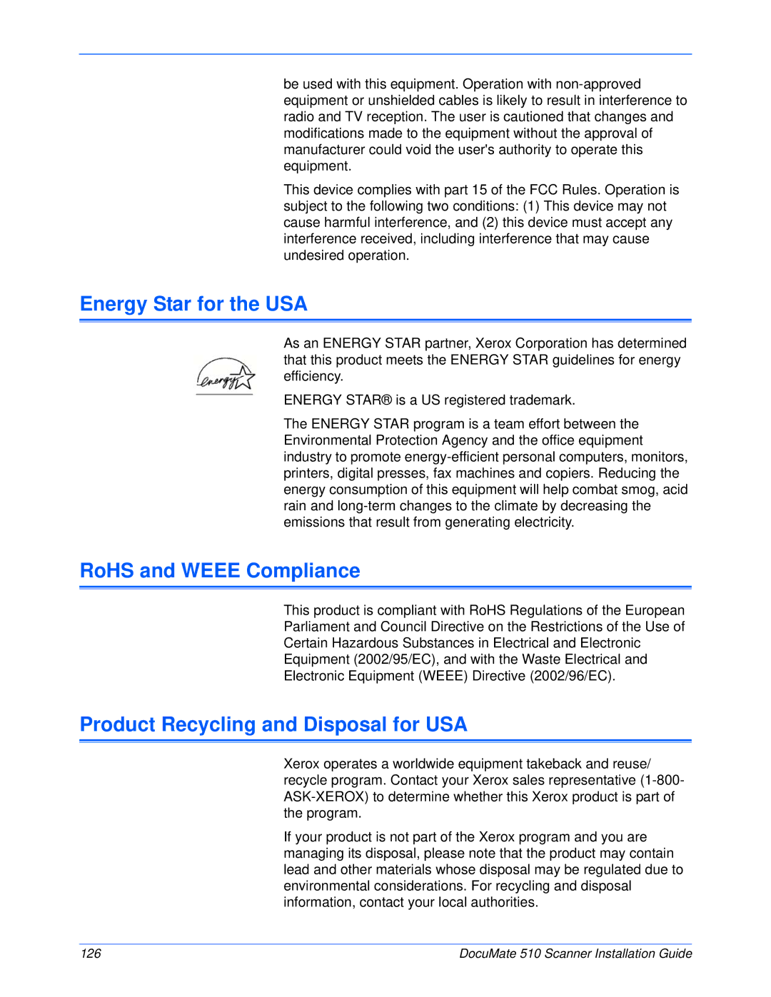 Xerox 510 manual Energy Star for the USA, RoHS and Weee Compliance, Product Recycling and Disposal for USA 