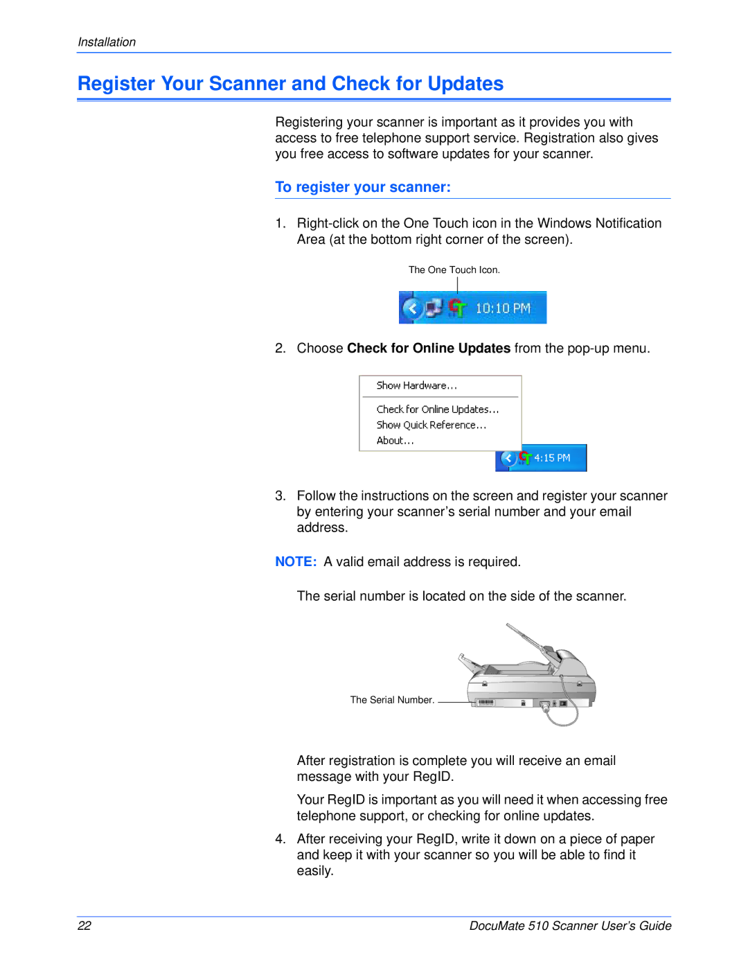 Xerox 510 manual Register Your Scanner and Check for Updates, To register your scanner 