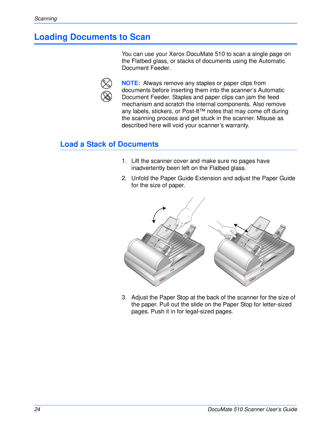 Xerox 510 manual Loading Documents to Scan, Load a Stack of Documents 