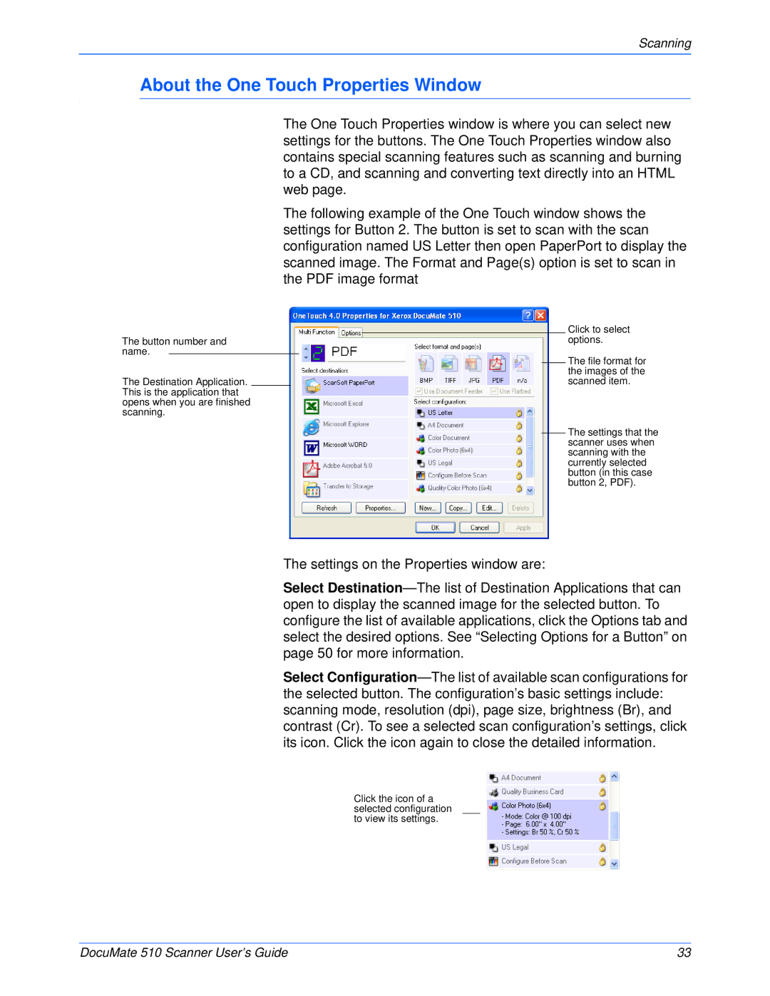 Xerox 510 manual About the One Touch Properties Window 