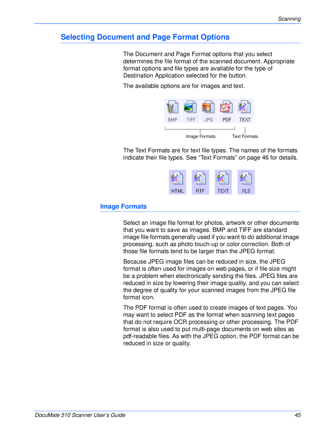 Xerox 510 manual Selecting Document and Page Format Options, Image Formats 