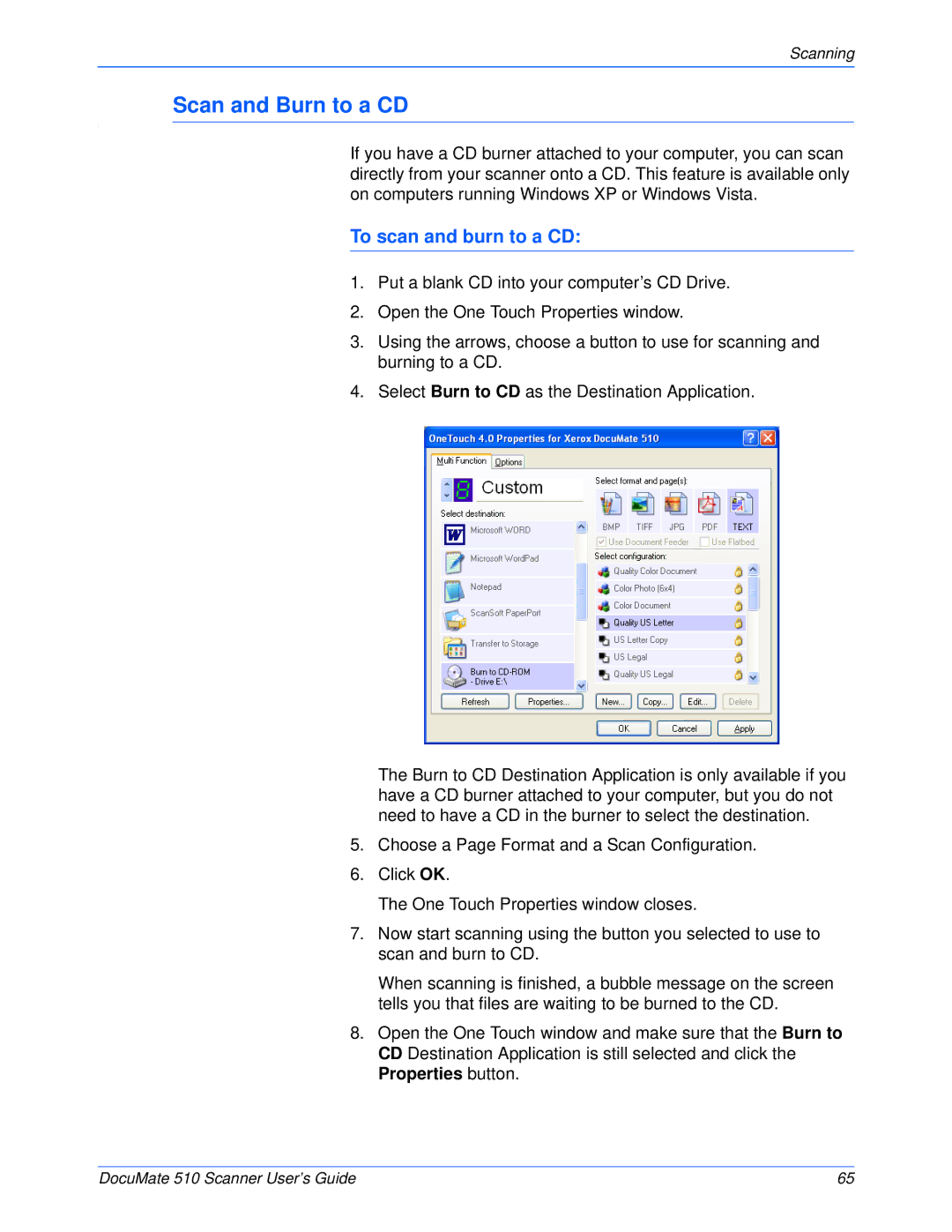 Xerox 510 manual Scan and Burn to a CD, To scan and burn to a CD 