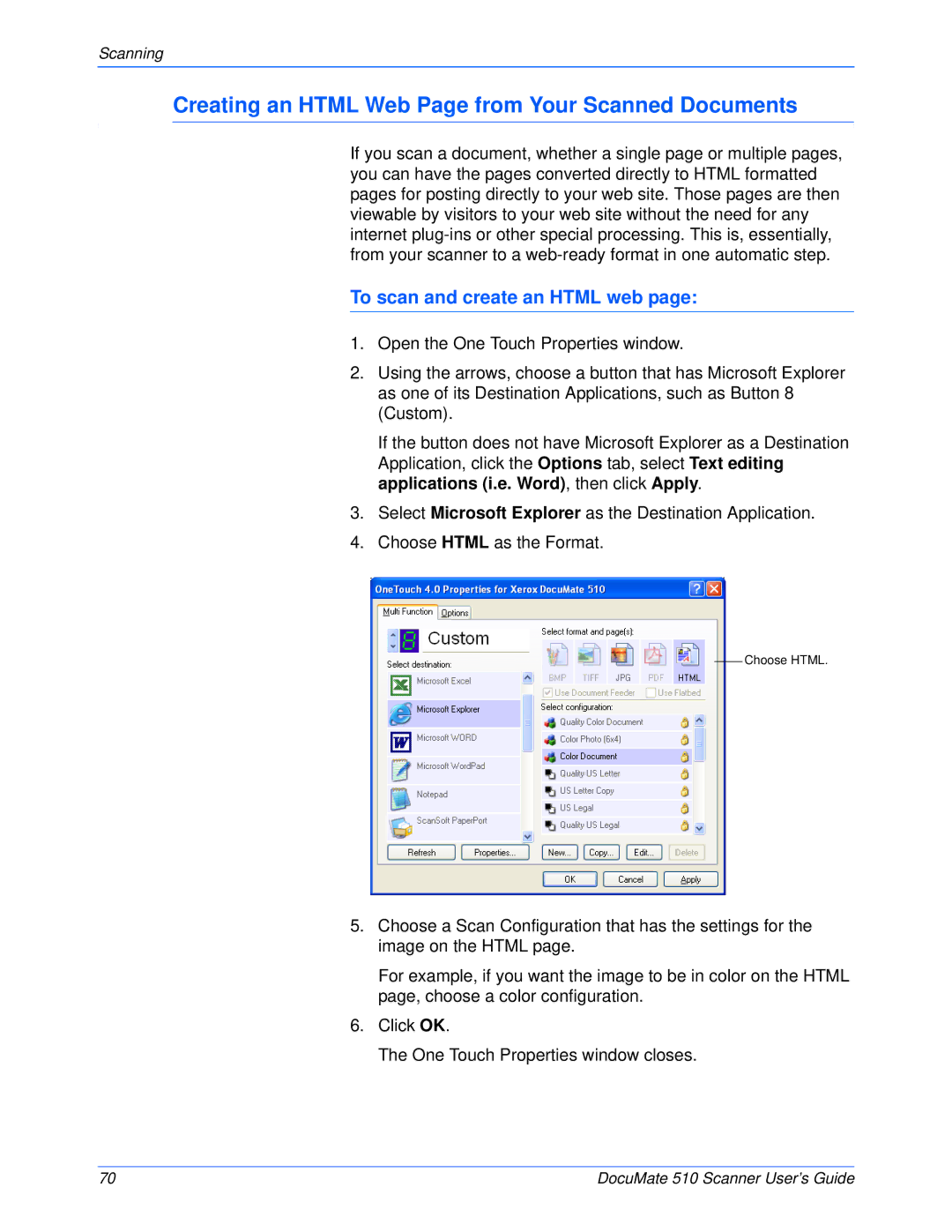 Xerox 510 manual Creating an Html Web Page from Your Scanned Documents, To scan and create an Html web 