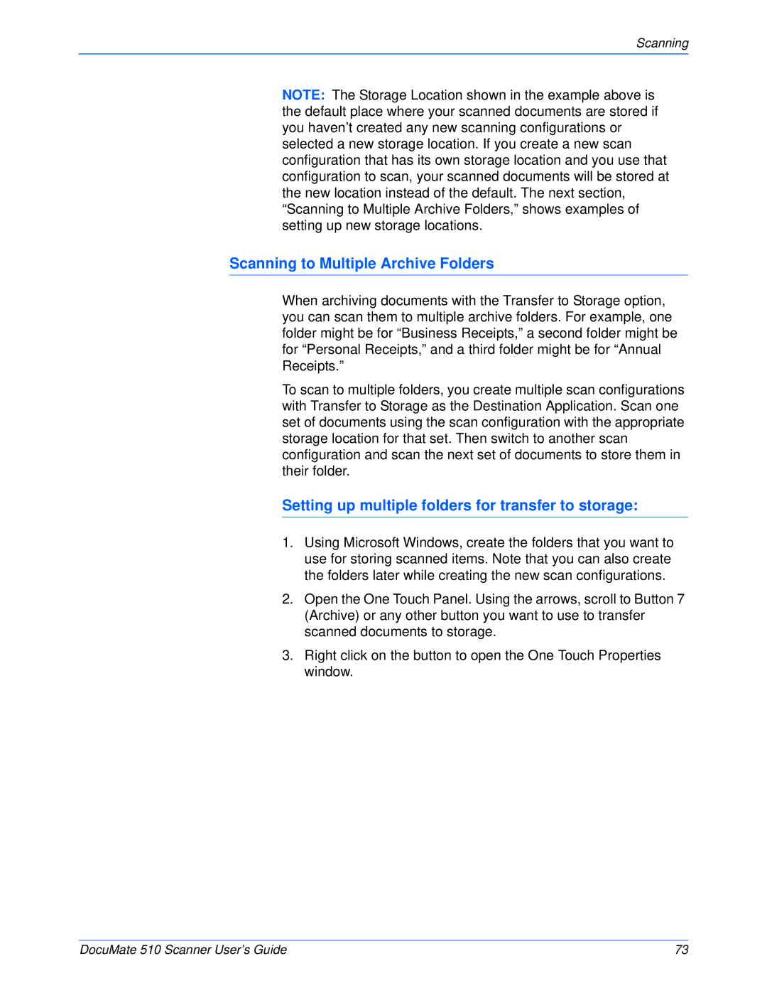 Xerox 510 manual Scanning to Multiple Archive Folders, Setting up multiple folders for transfer to storage 