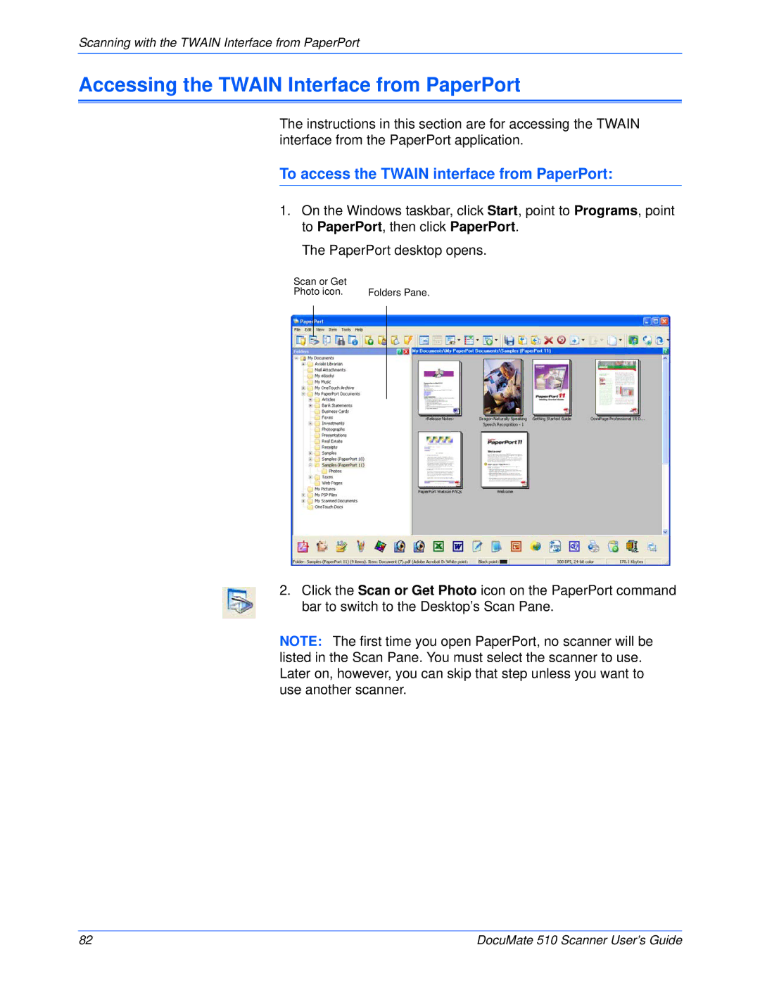 Xerox 510 manual Accessing the Twain Interface from PaperPort, To access the Twain interface from PaperPort 