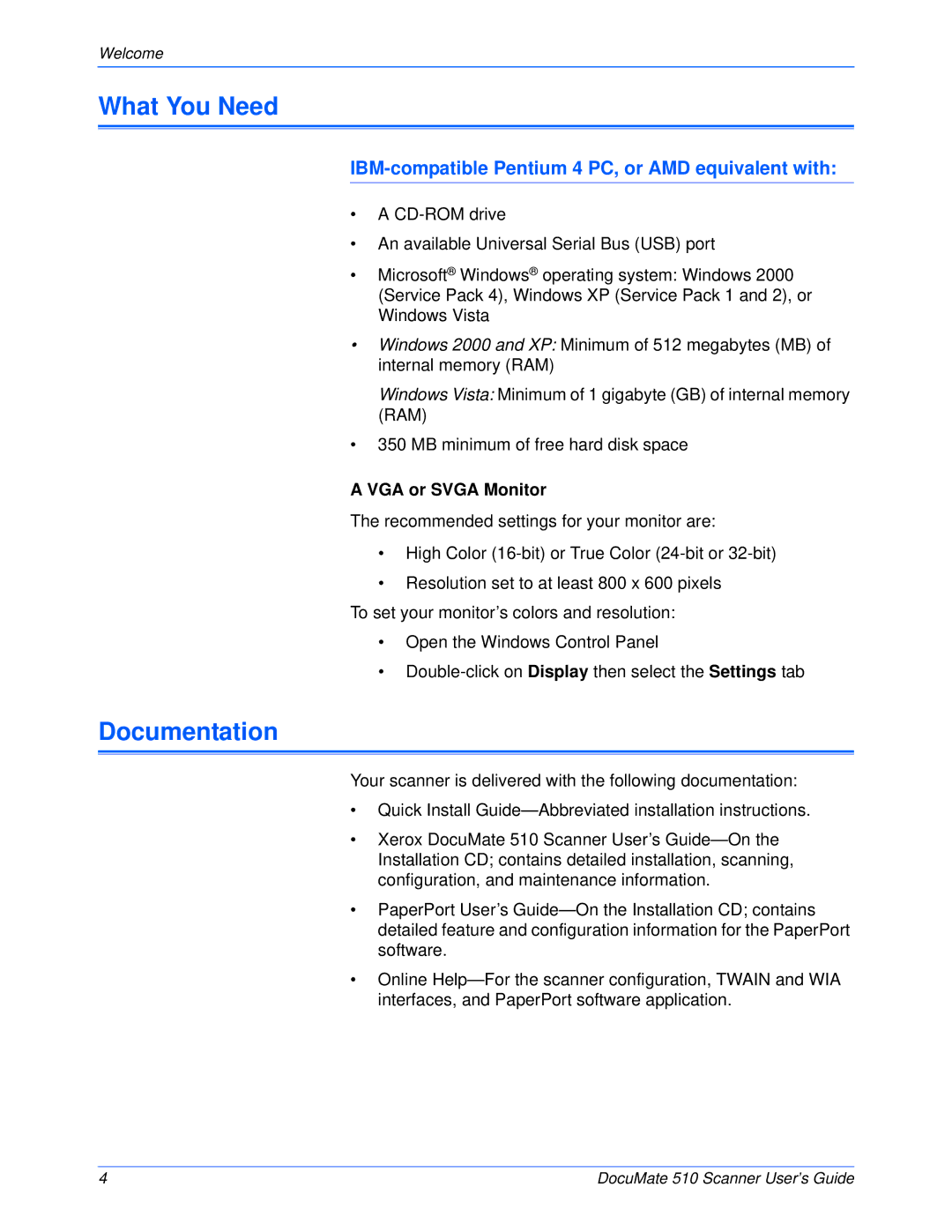 Xerox 510 manual What You Need, Documentation, IBM-compatible Pentium 4 PC, or AMD equivalent with, VGA or Svga Monitor 