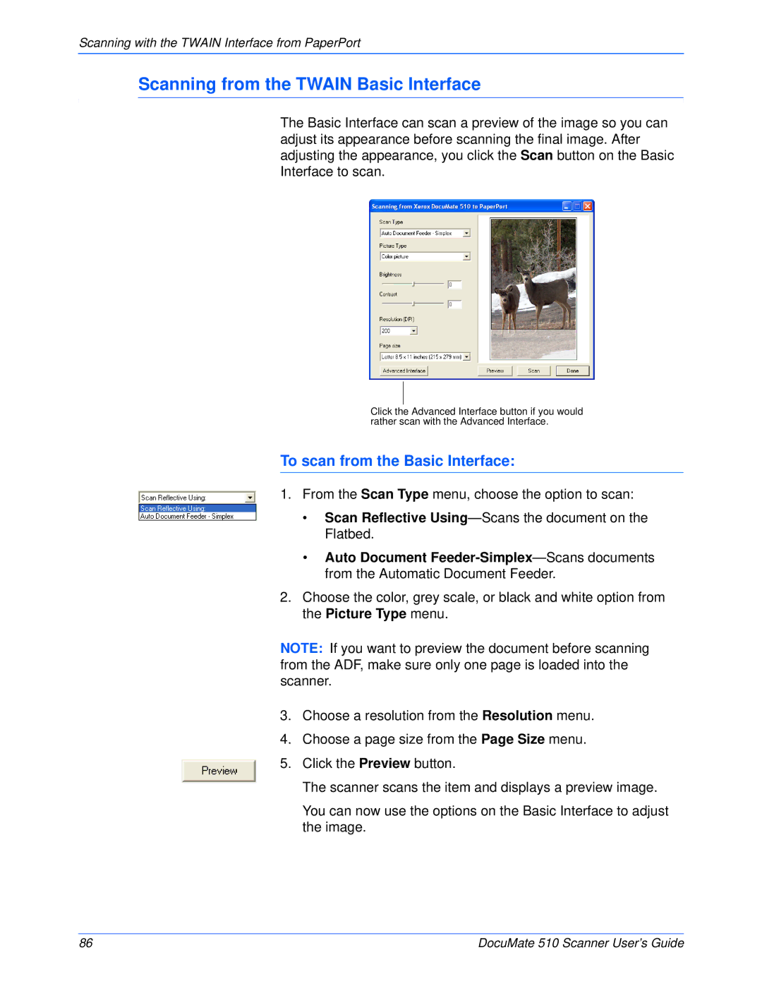 Xerox 510 manual Scanning from the Twain Basic Interface, To scan from the Basic Interface 